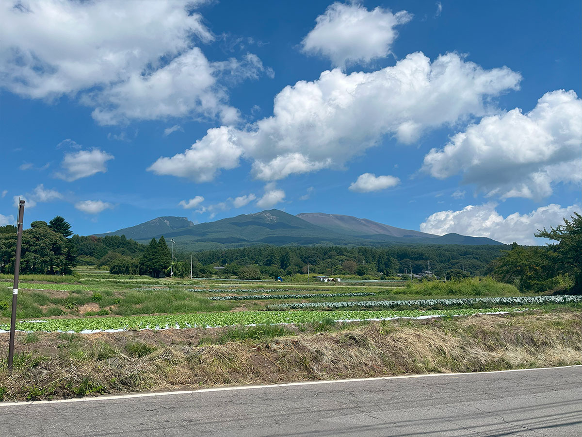 塩野　お寺の麓のパノラマビュー（浅間山×畑×八ヶ岳）